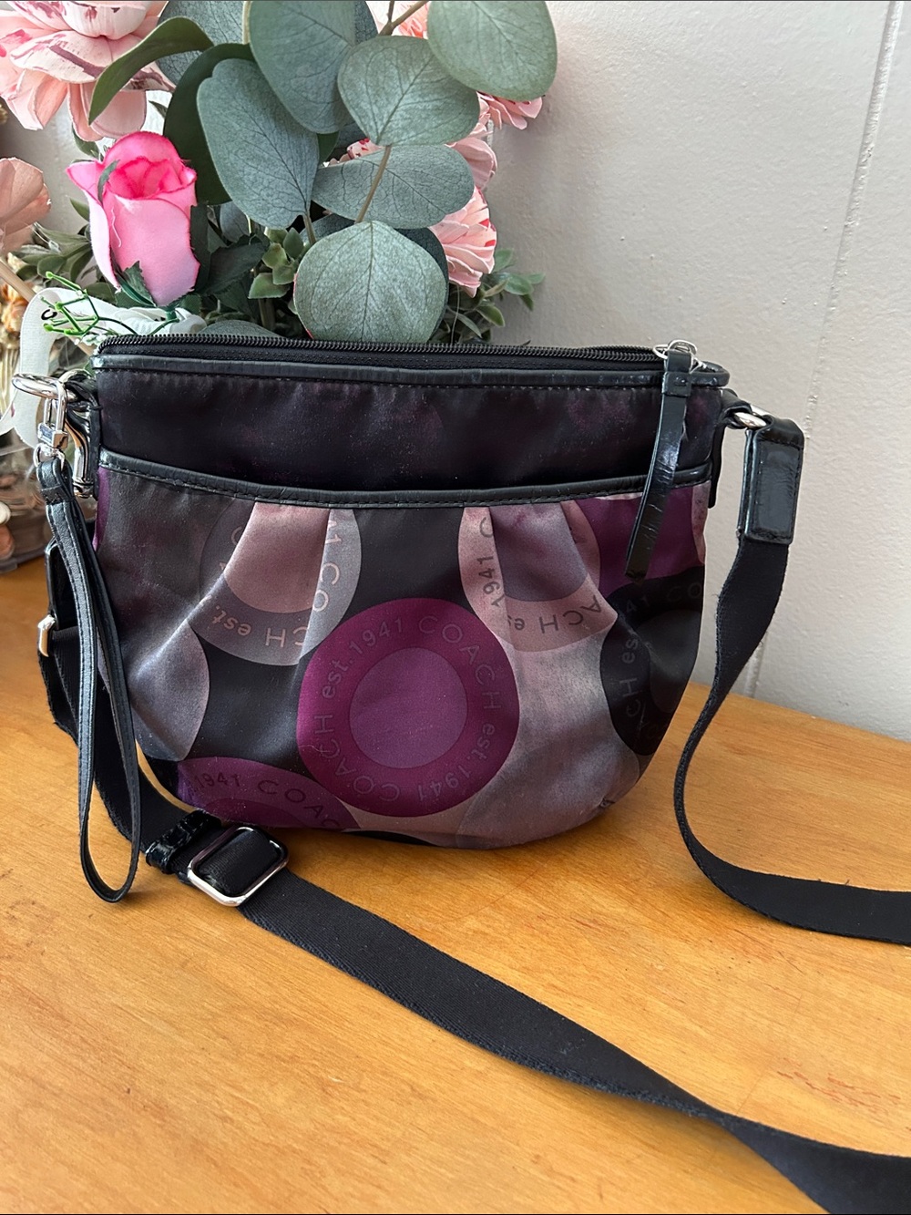 Coach Plum and Black Signature Circle Crossbody Bag Nylon